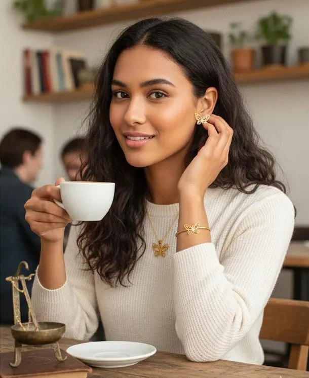 Butterfly Design Gold Plated Rhinestone Jewelry Set – 3 Pcs | Stainless Steel | Golden