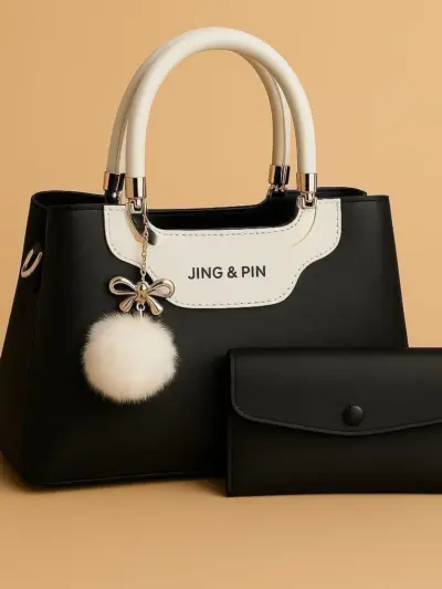 Women’s Leather Plain Handbag – High-Quality Synthetic Leather | 2-Piece Set | Black