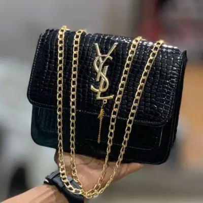 Women’s Leather Textured Handbag – Stylish Crocodile YSL Inspired | Black