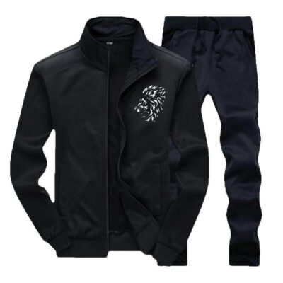 Men’s Black Polyester Plain Zipper Track Suit – 2 Pcs Set, Comfortable & Stylish