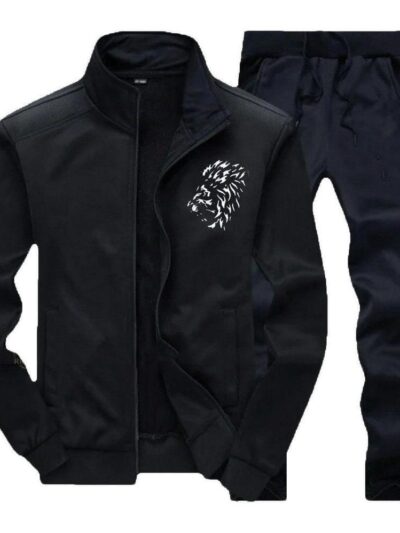 Men’s Black Polyester Plain Zipper Track Suit – 2 Pcs Set, Comfortable & Stylish