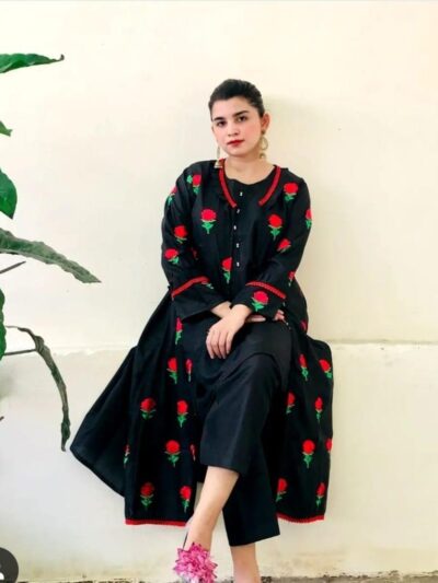 Women’s Stitched Embroidered Gown Suit Set – 3-Piece Katan Silk, Elegant & Stylish