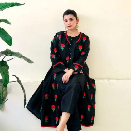 Women’s Stitched Embroidered Gown Suit Set – 3-Piece Katan Silk, Elegant & Stylish