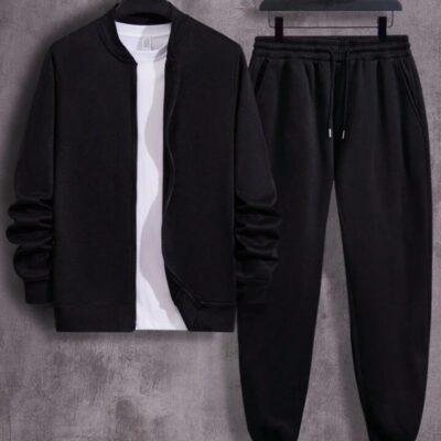 2 Pcs Men’s Black Fleece Plain Zipper Track Suit – Warm, Comfortable & Winter Wear