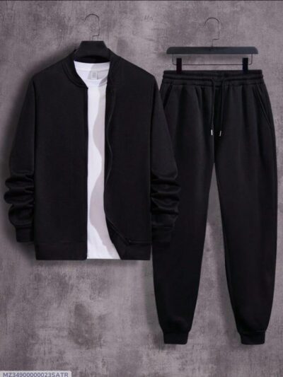 2 Pcs Men’s Black Fleece Plain Zipper Track Suit – Warm, Comfortable & Winter Wear