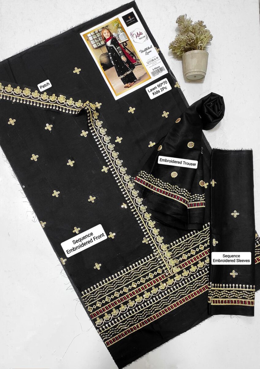 2 Pcs Girl’s Lawn Embroidered Unstitched Suit – Black | Ages 1–12 Years