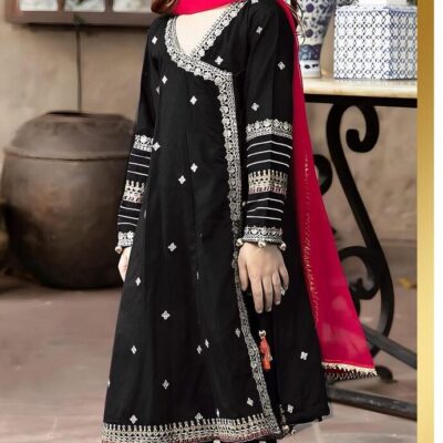2 Pcs Girl’s Lawn Embroidered Unstitched Suit – Black | Ages 1–12 Years