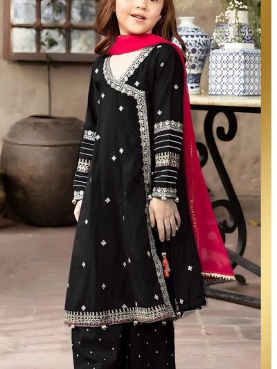2 Pcs Girl’s Lawn Embroidered Unstitched Suit – Black | Ages 1–12 Years