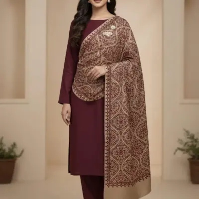 3 Pcs Women’s Unstitched Plain Suit with Embroidered Details – Maroon