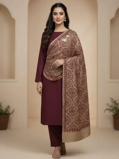 3 Pcs Women’s Unstitched Plain Suit with Embroidered Details – Maroon