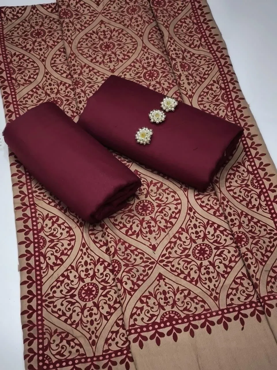 3 Pcs Women’s Unstitched Plain Suit with Embroidered Details – Maroon