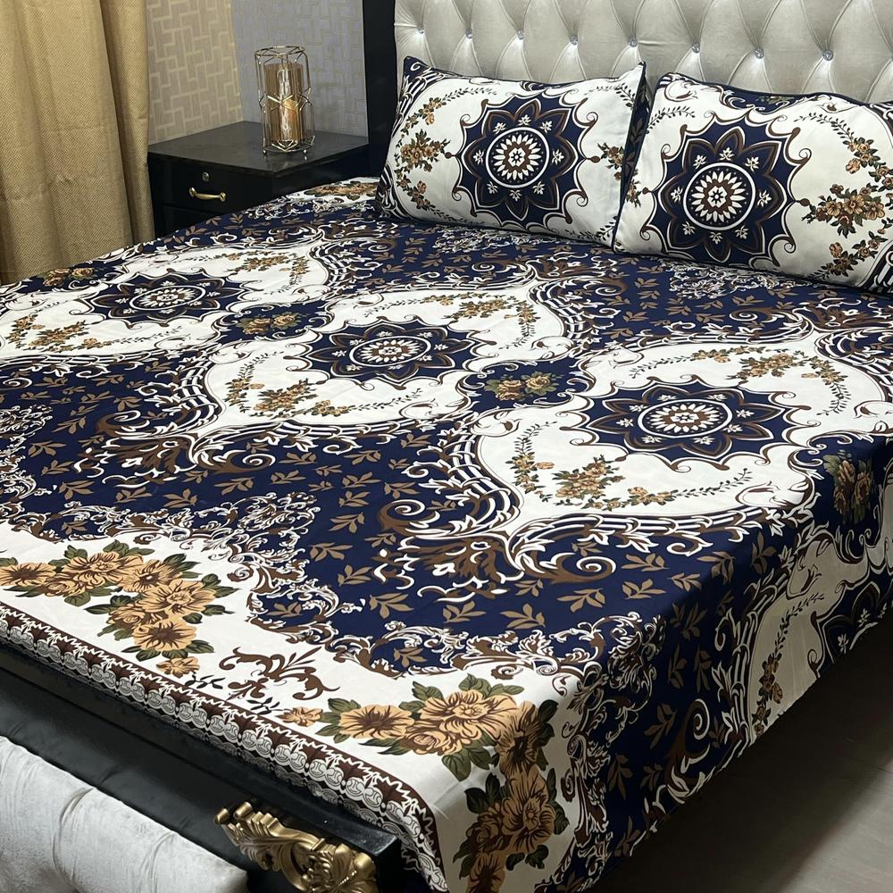 3 Pcs Crystal Cotton Printed Double Bedsheet Set – Includes Pillow Covers, Soft & Stylish for Double Bed (Pakistan)