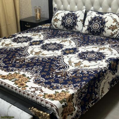 3 Pcs Crystal Cotton Printed Double Bedsheet Set – Includes Pillow Covers, Soft & Stylish for Double Bed (Pakistan)