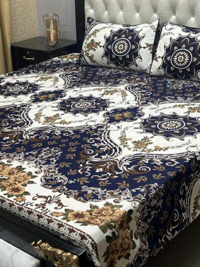 3 Pcs Crystal Cotton Printed Double Bedsheet Set – Includes Pillow Covers, Soft & Stylish for Double Bed (Pakistan)