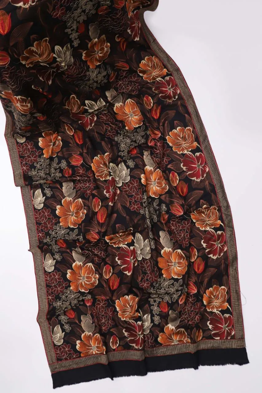 Women’s Black Karandi Embroidered Shawl – Elegant & Warm Winter Accessory | 2.5 Yards