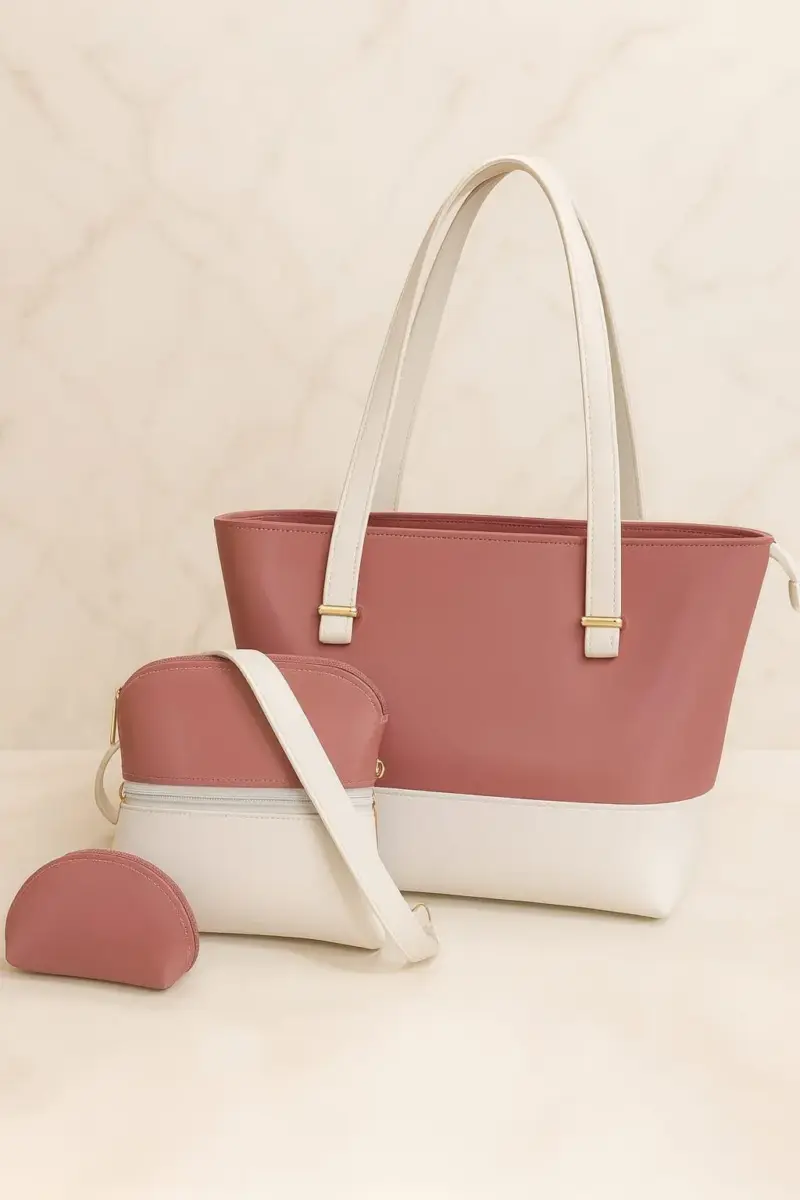 Women’s 3-Piece Faux Leather Handbag Set – Multi-Color, Plain Pattern, Top Handle & Long Strap