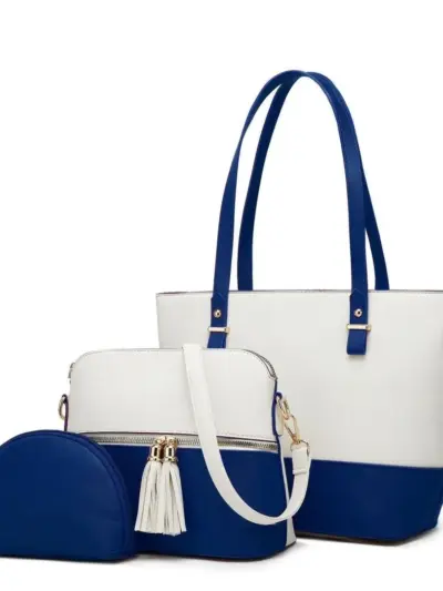 Women’s 3-Piece Faux Leather Handbag Set – Multi-Color, Plain Pattern, Top Handle & Long Strap