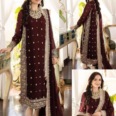 3 Pcs Women’s Stitched Crinkle Chiffon Embroidered Suit – Maroon Festive Wear