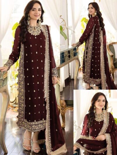 3 Pcs Women’s Stitched Crinkle Chiffon Embroidered Suit – Maroon Festive Wear