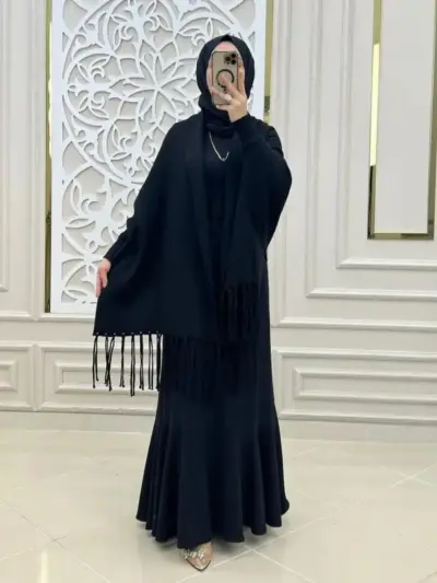 Women’s Plain Fleece Front-Open Cape Shawl – Black Winter Wrap, Chest 35”, Front 30” Back 35”