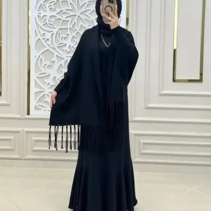 Women’s Plain Fleece Front-Open Cape Shawl – Black Winter Wrap, Chest 35”, Front 30” Back 35”