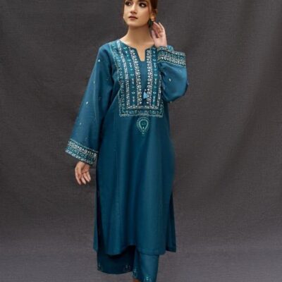 Elegant Blue 2 Pcs Women’s Unstitched Embroidered Lawn Suit – Shirt & Trouser Set, 2.75/2.25 Meters