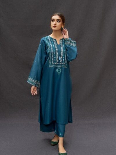 Elegant Blue 2 Pcs Women’s Unstitched Embroidered Lawn Suit – Shirt & Trouser Set, 2.75/2.25 Meters