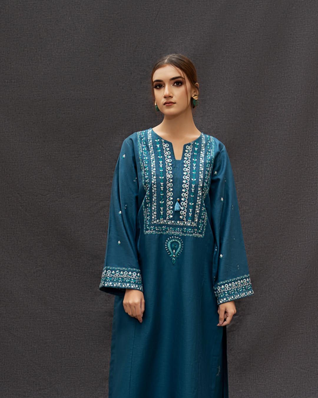 Elegant Blue 2 Pcs Women’s Unstitched Embroidered Lawn Suit – Shirt & Trouser Set, 2.75/2.25 Meters