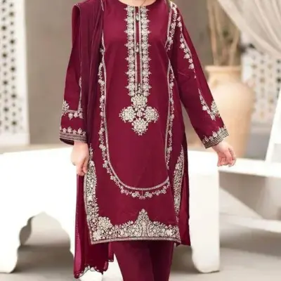 2 Pcs Women’s Unstitched Embroidered Dhanak Suit – Maroon | Embroidered Shirt with Plain Trouser (2.75m / 2.25m)