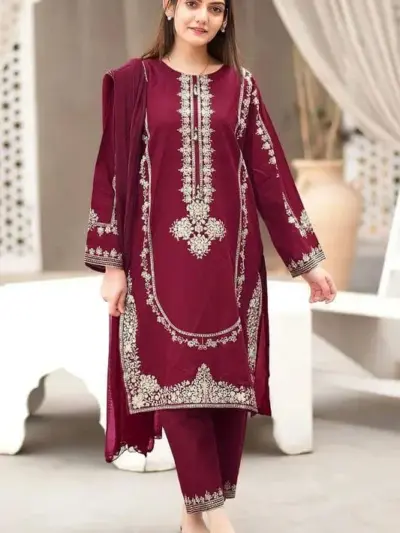 2 Pcs Women’s Unstitched Embroidered Dhanak Suit – Maroon | Embroidered Shirt with Plain Trouser (2.75m / 2.25m)