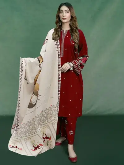 Women’s 3 Pcs Unstitched Embroidered Dhanak Suit with Wool Digital Print Dupatta – Maroon (Shirt, Trouser & Dupatta Set)