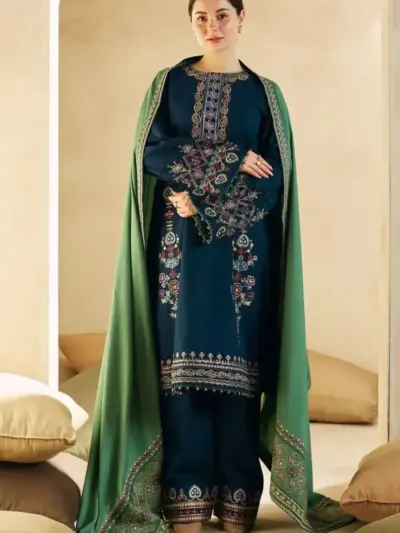 Women’s Premium Dhanak 3 Pcs Unstitched Embroidered Suit – Embroidered Shirt, Trouser & Dupatta (Blue, Winter Wear)