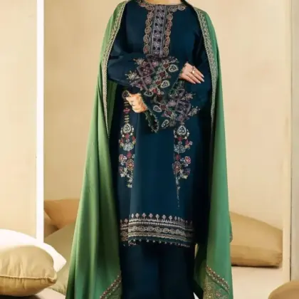 Women’s Premium Dhanak 3 Pcs Unstitched Embroidered Suit – Embroidered Shirt, Trouser & Dupatta (Blue, Winter Wear)