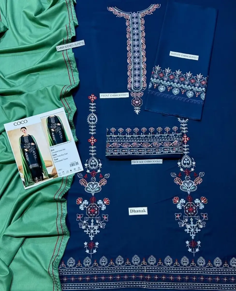 Women’s Premium Dhanak 3 Pcs Unstitched Embroidered Suit – Embroidered Shirt, Trouser & Dupatta (Blue, Winter Wear)