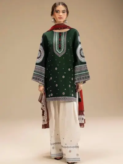 Elegant Green Women’s 3-Piece Unstitched Dhanak Embroidered Suit with Dupatta