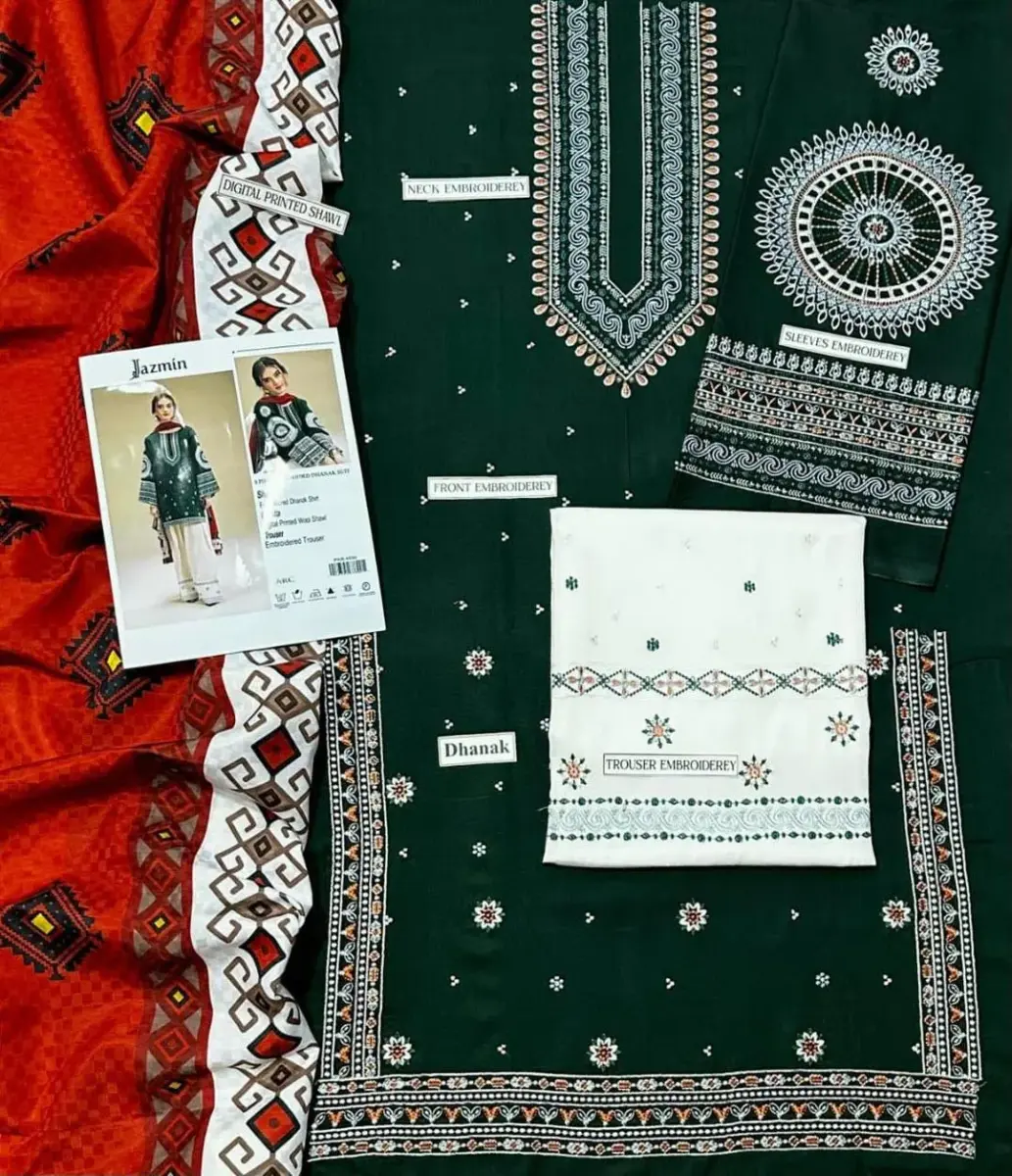 Elegant Green Women’s 3-Piece Unstitched Dhanak Embroidered Suit with Dupatta