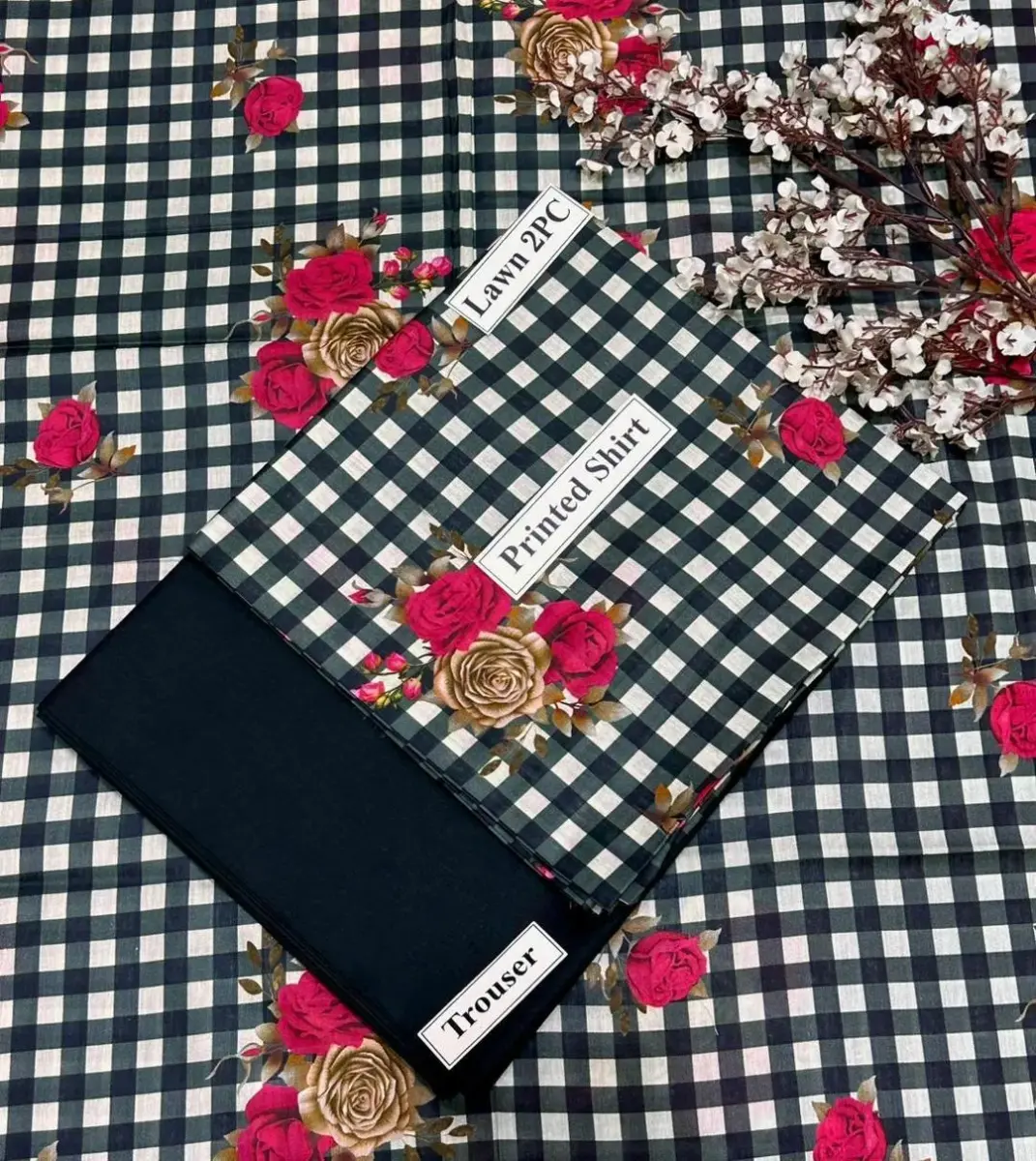 Women’s 2-Piece Unstitched Black Digital Print Lawn Suit – Printed Shirt & Plain Trouser (2.5m / 2.25m)