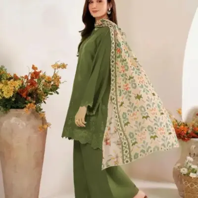 Women’s 3 Pcs Unstitched Chikankari Embroidered Lawn Suit – Green | Lawn Shirt & Trouser with Digital Print Diamond Dupatta