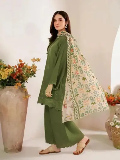 Women’s 3 Pcs Unstitched Chikankari Embroidered Lawn Suit – Green | Lawn Shirt & Trouser with Digital Print Diamond Dupatta