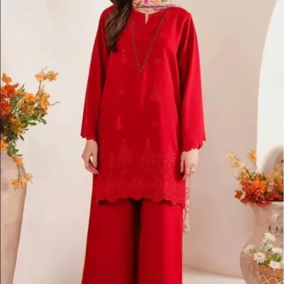 Women’s 3 Pcs Unstitched Chikankari Embroidered Lawn Suit – Red | Lawn Shirt & Trouser with Digital Print Diamond Dupatta