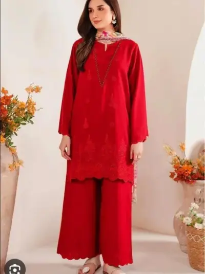 Women’s 3 Pcs Unstitched Chikankari Embroidered Lawn Suit – Red | Lawn Shirt & Trouser with Digital Print Diamond Dupatta