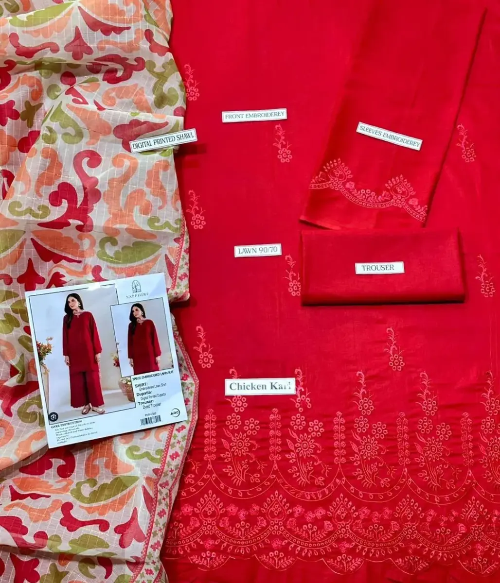 Women’s 3 Pcs Unstitched Chikankari Embroidered Lawn Suit – Red | Lawn Shirt & Trouser with Digital Print Diamond Dupatta