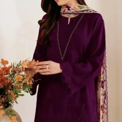Women’s 3 Pcs Unstitched Chikankari Embroidered Lawn Suit – Purple | Lawn Shirt & Trouser with Digital Print Diamond Dupatta