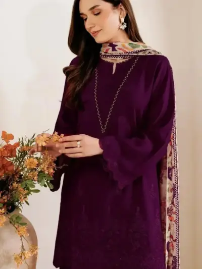 Women’s 3 Pcs Unstitched Chikankari Embroidered Lawn Suit – Purple | Lawn Shirt & Trouser with Digital Print Diamond Dupatta