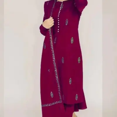 3 Pcs Women’s Unstitched Embroidered Lawn Suit with Diamond Digital Print Dupatta – Maroon
