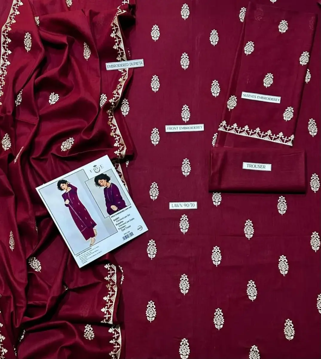 3 Pcs Women’s Unstitched Embroidered Lawn Suit with Diamond Digital Print Dupatta – Maroon
