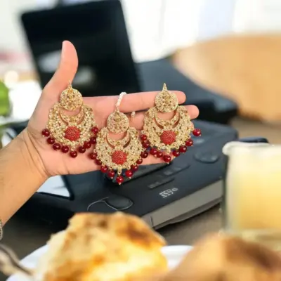 Fancy Gold Plated Crystal Earrings Bindia Set for Women – Alloy Jewelry, Red & Brown (3-Piece Set)