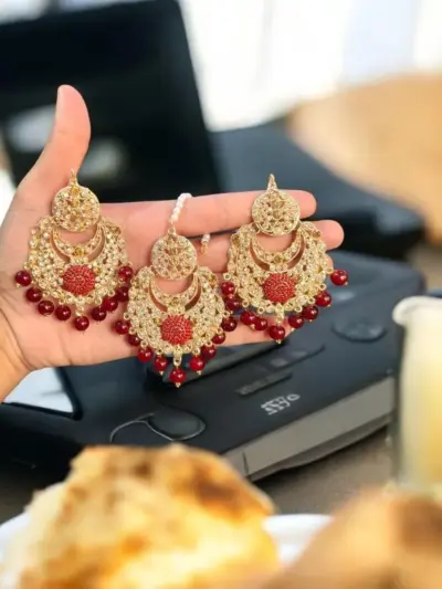 Fancy Gold Plated Crystal Earrings Bindia Set for Women – Alloy Jewelry, Red & Brown (3-Piece Set)