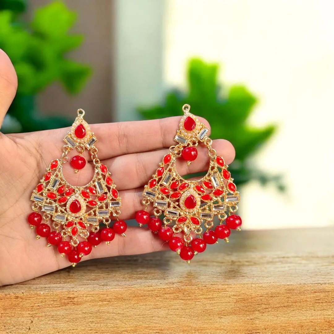 Fancy Gold Plated Crystal Earrings Bindia Set for Women – Alloy Jewelry, Red & Brown (3-Piece Set)