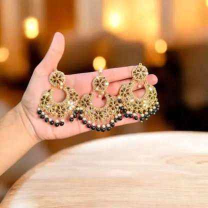 Generic Fancy Gold Plated Crystal Earrings & Bindia Set for Women – 3-Piece Alloy Jewelry Set (Black & Orange)